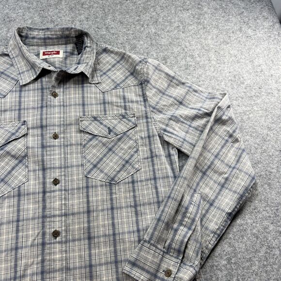 Wrangler Long Sleeve Woven Button Up Shirt Mens Size  Small Plaid Blue Slim Fit - Picture 3 of 15